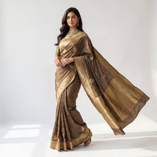 PURE BANDHANI-BANARASI OLIVE MUSHROO SILK SAREE