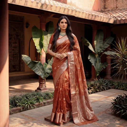 SOFT-ORANGE CRUSHED-TISSUE SAREE