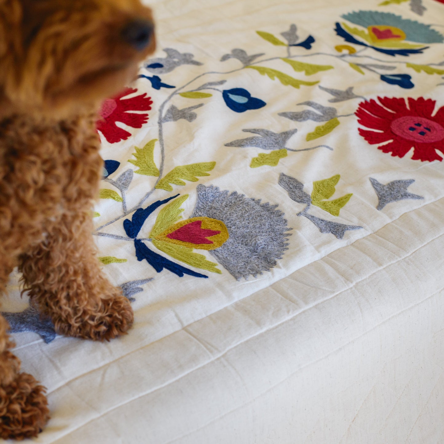 CREAM LINEN BEDCOVER WITH MULTI-FLORAL EMBROIDERY