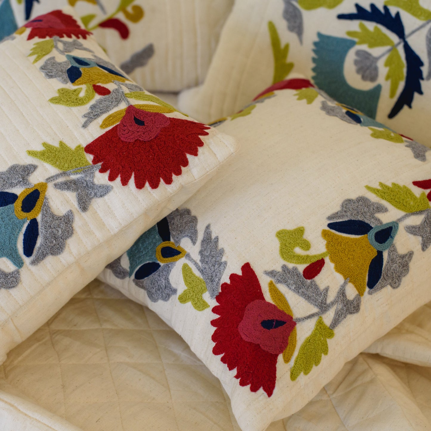 CREAM LINEN BEDCOVER WITH MULTI-FLORAL EMBROIDERY