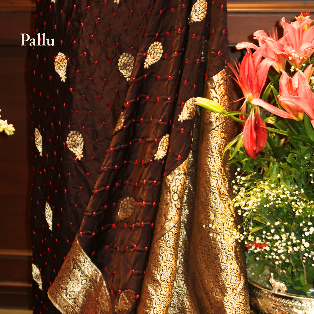 PURE BANDHANI-BANARASI COFFEE-BROWN MUSHROO SILK SAREE