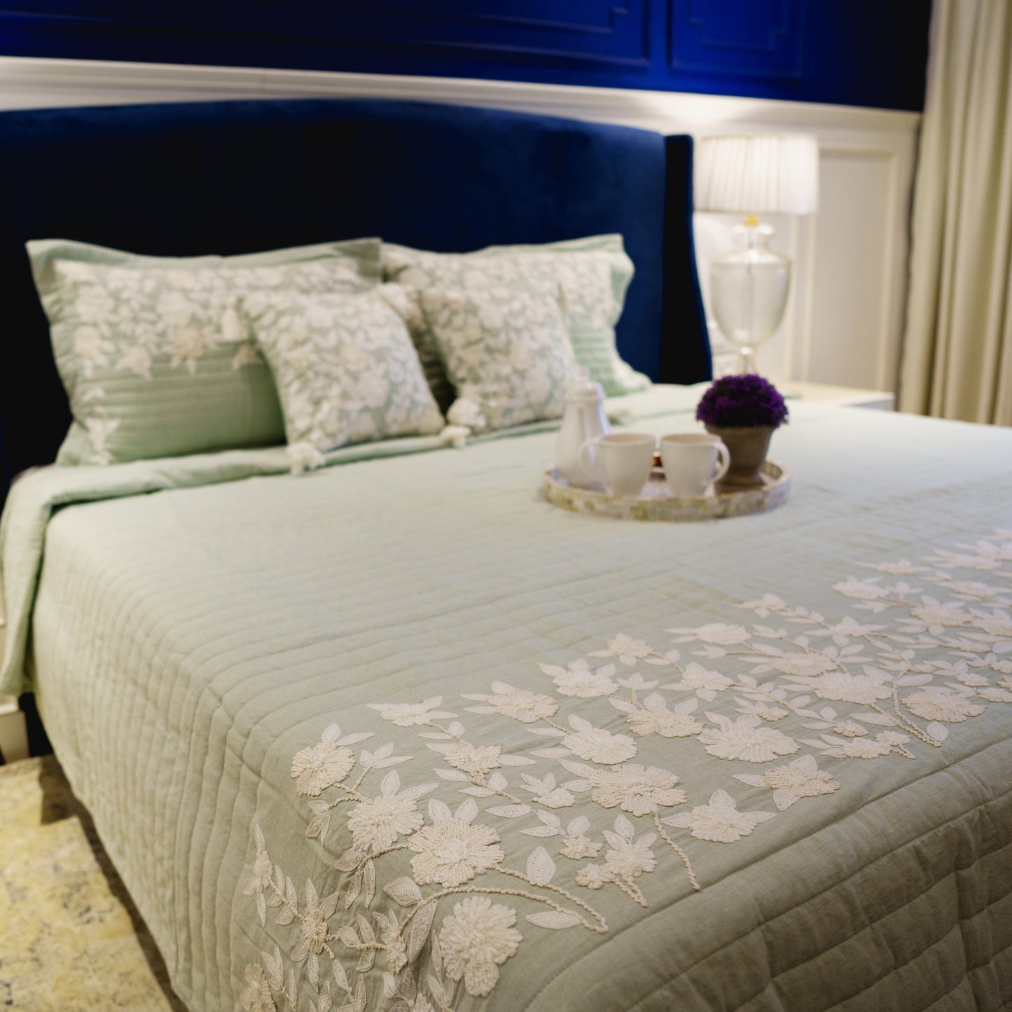 SUMMER BEDCOVER WITH WHITE RUNNER EMBROIDERY (SEA GREEN)