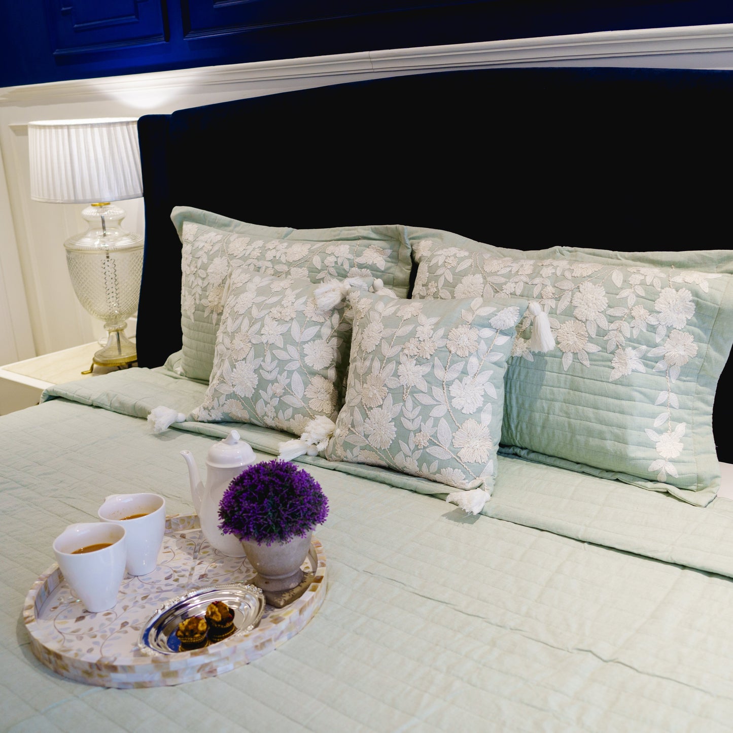 SUMMER BEDCOVER WITH WHITE RUNNER EMBROIDERY (SEA GREEN)