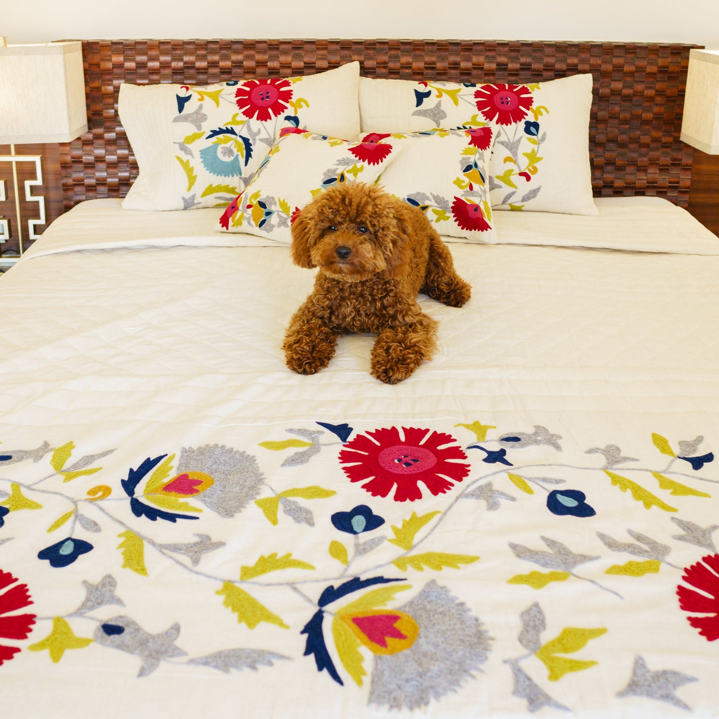 CREAM LINEN BEDCOVER WITH MULTI-FLORAL EMBROIDERY