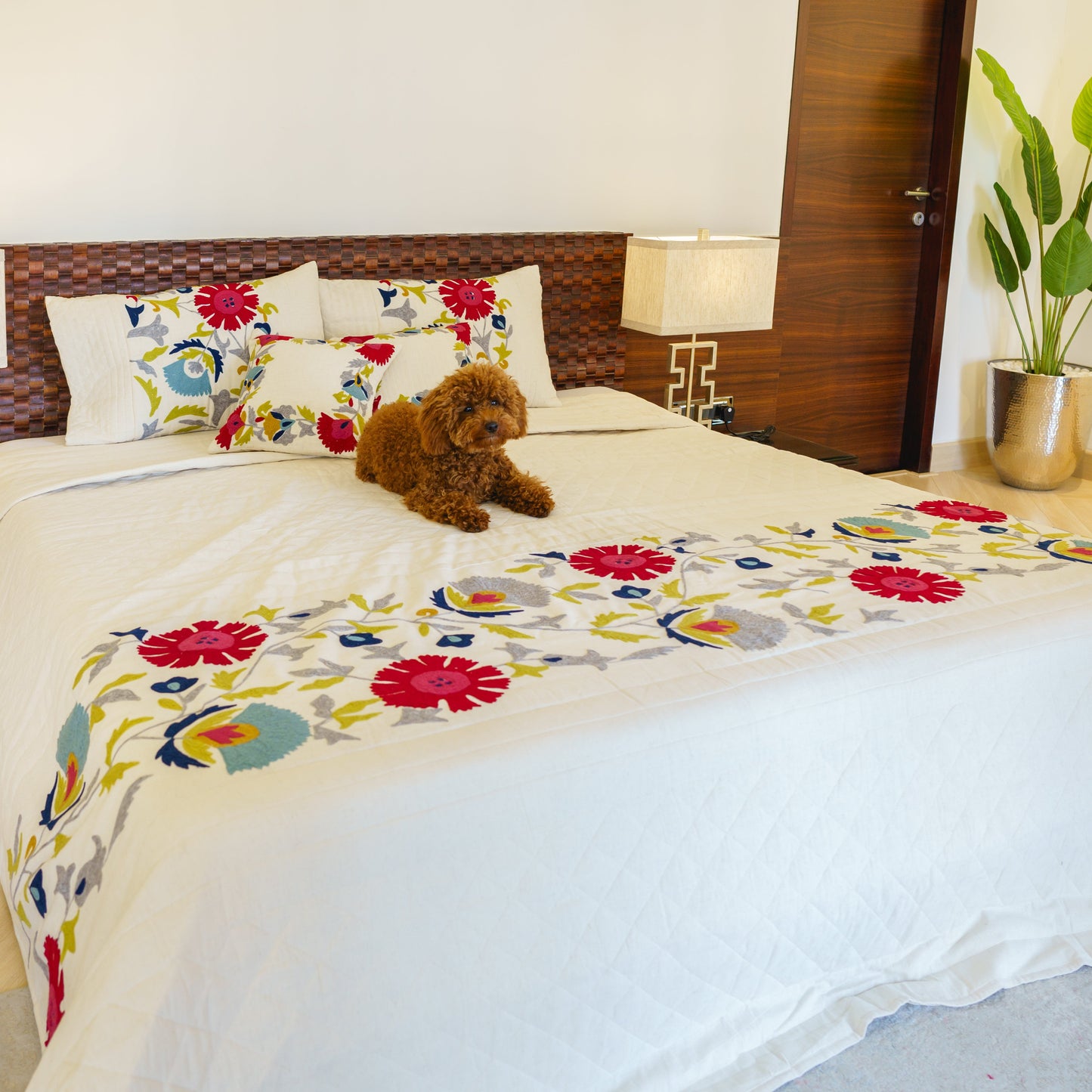 CREAM LINEN BEDCOVER WITH MULTI-FLORAL EMBROIDERY