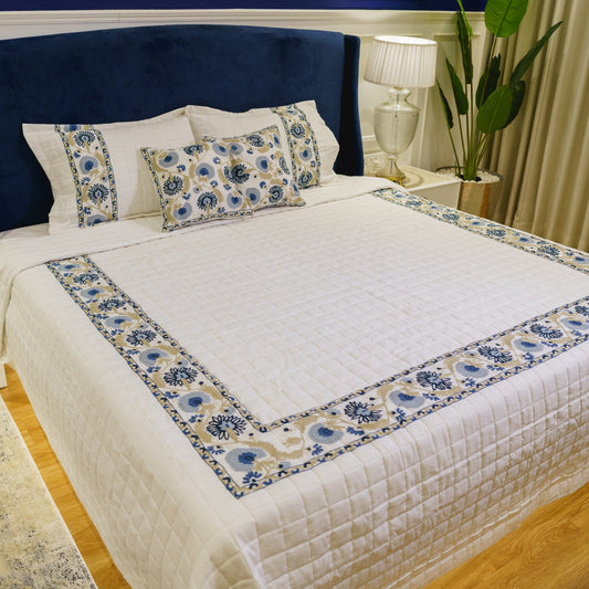 KASHMIRI WHITE LINEN BEDCOVER WITH BLUE EMBROIDERY