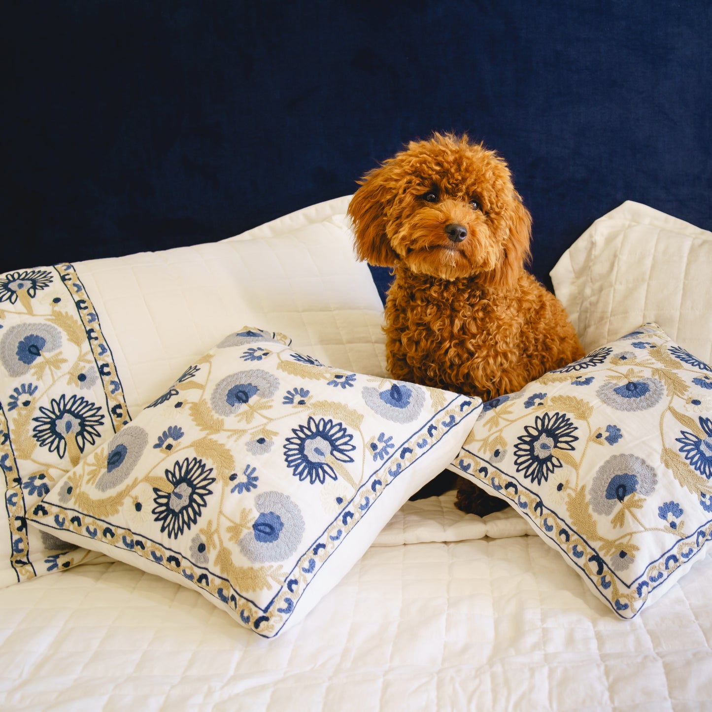 KASHMIRI WHITE LINEN BEDCOVER WITH BLUE EMBROIDERY