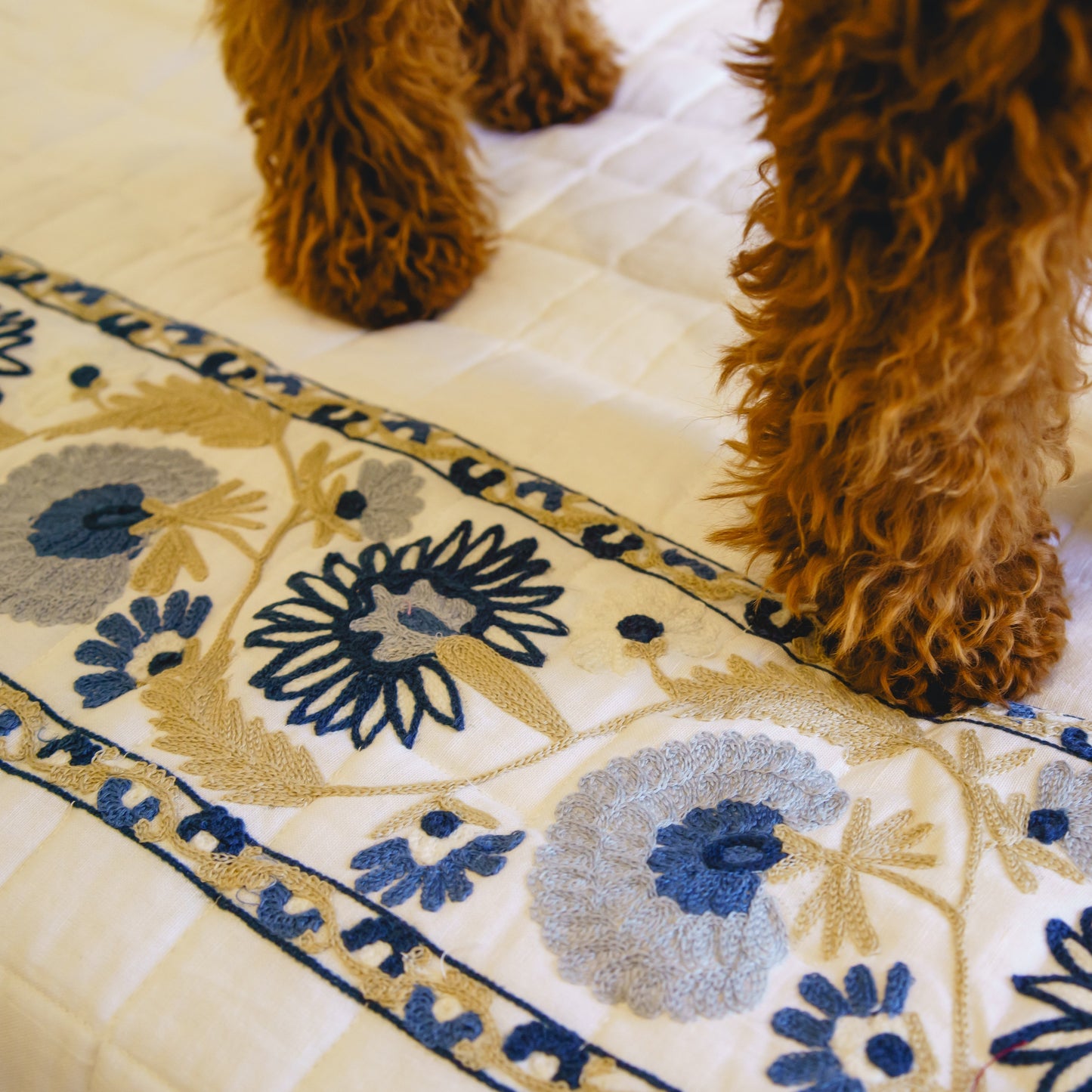 KASHMIRI WHITE LINEN BEDCOVER WITH BLUE EMBROIDERY