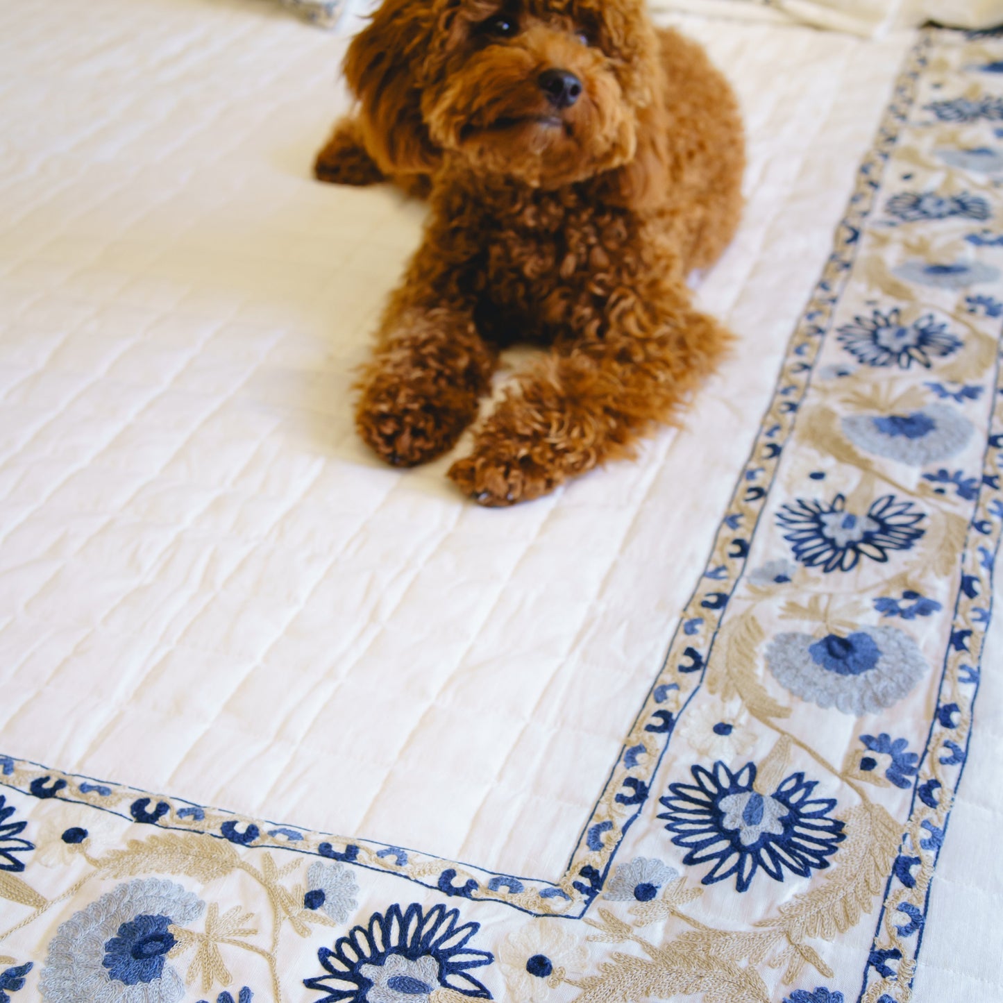 KASHMIRI WHITE LINEN BEDCOVER WITH BLUE EMBROIDERY