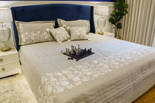 SUMMER BEDCOVER WITH WHITE RUNNER EMBROIDERY (SOFT GREY)