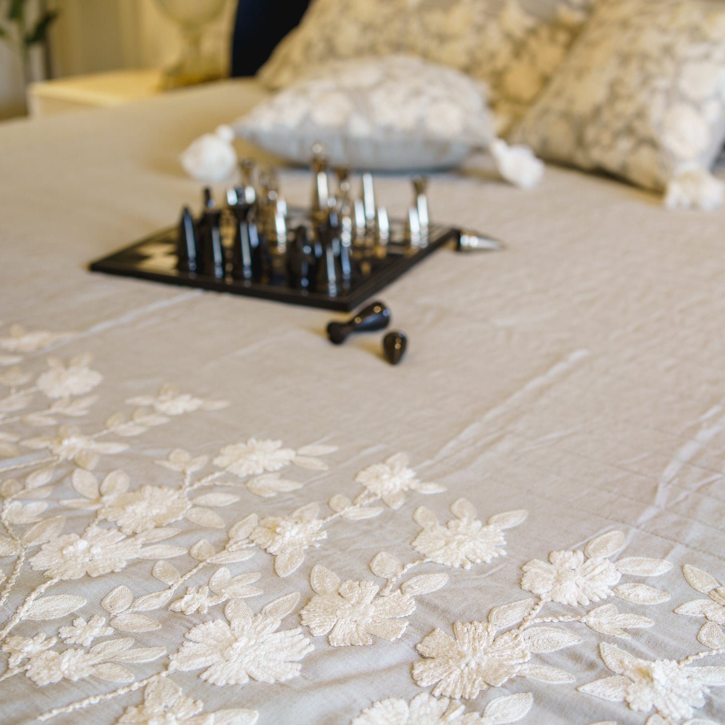 SUMMER BEDCOVER WITH WHITE RUNNER EMBROIDERY (SOFT GREY)