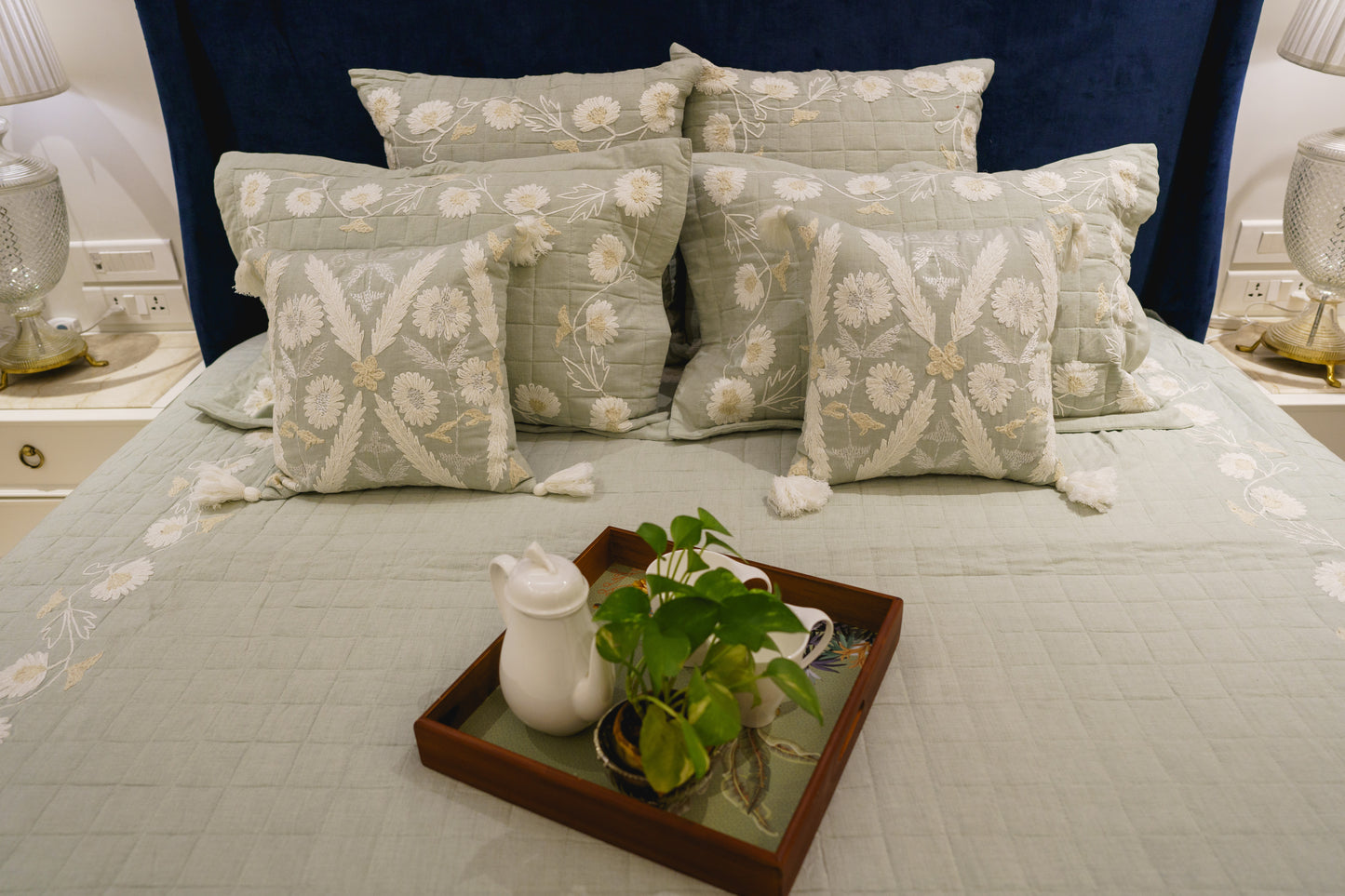 WINTER EMBROIDERED BED COVER (SEA GREEN)
