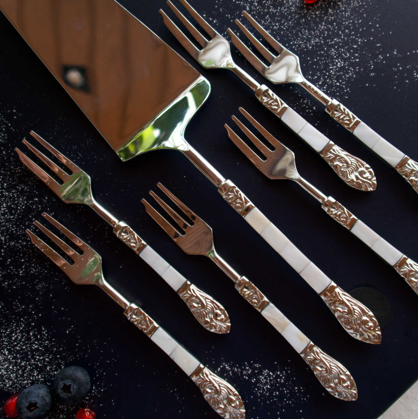 MOTHER OF PEARL DESSERT SERVER AND FORKS