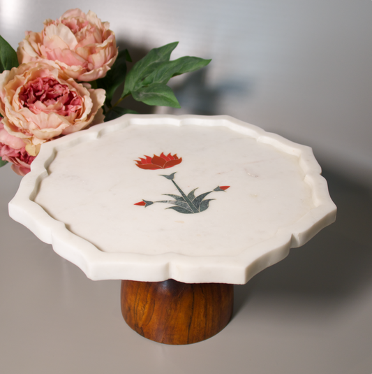 RED FLOWER INLAY MARBLE CAKE STAND