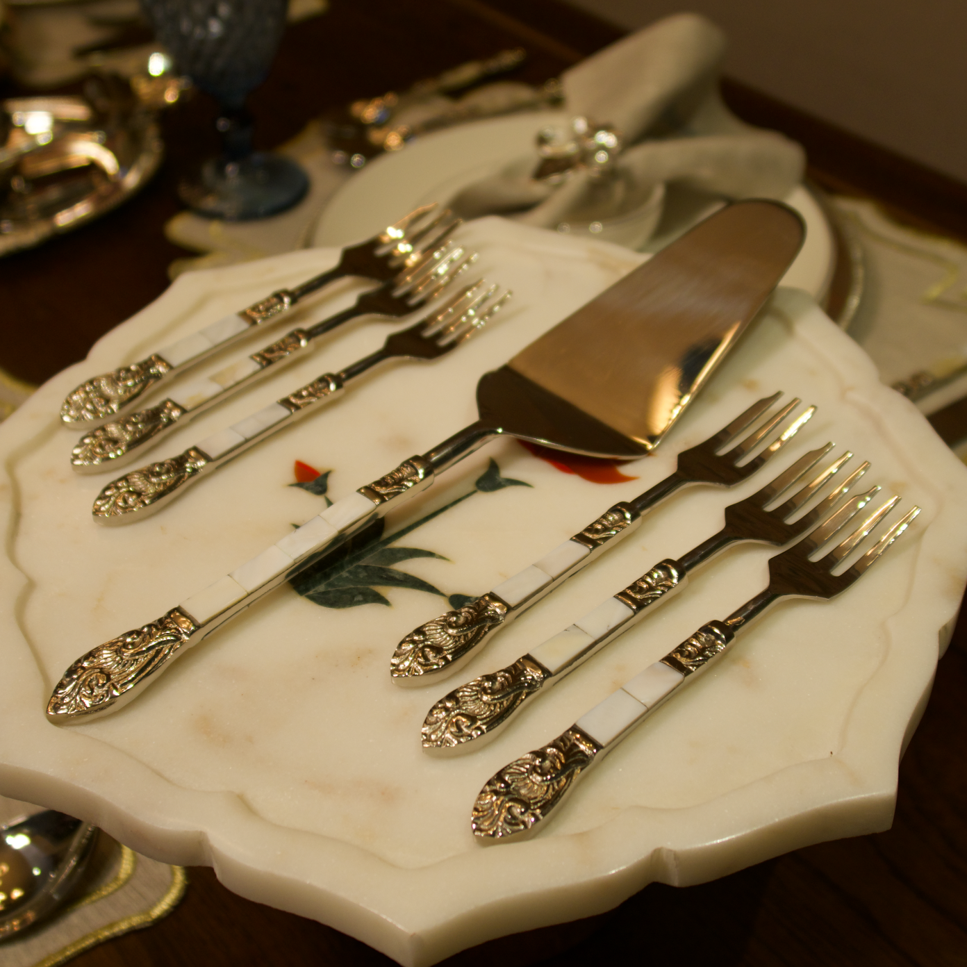 MOTHER OF PEARL DESSERT SERVER AND FORKS