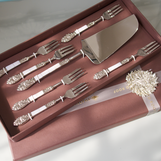 MOTHER OF PEARL DESSERT SERVER AND FORKS