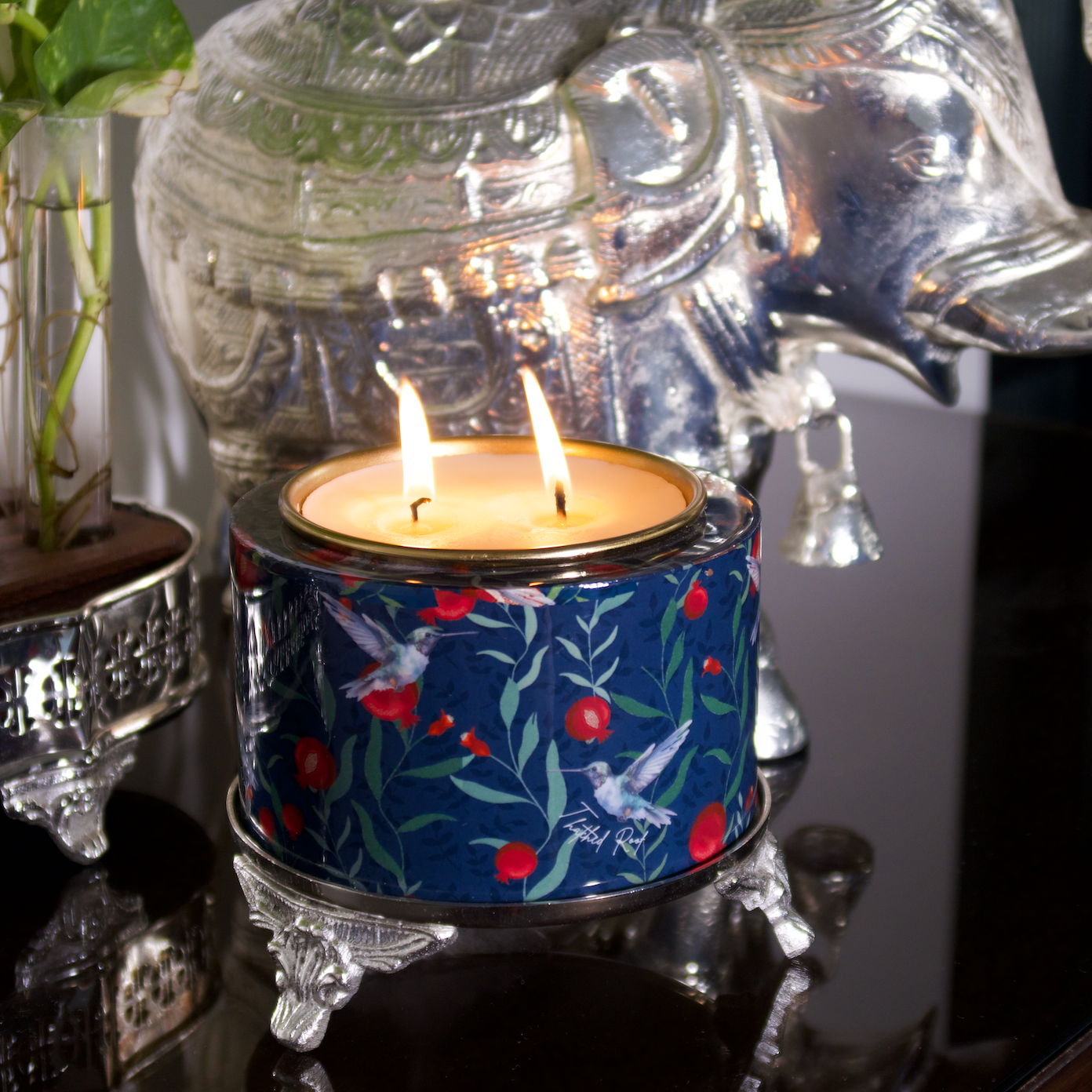 POMEGRANATE & BIRD CANDLE WITH SILVER STAND
