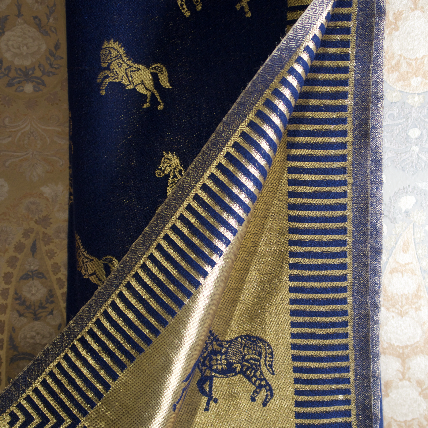 MIDNIGHT BLUE HORSE ZARI REVERSIBLE SHAWL | WOOL