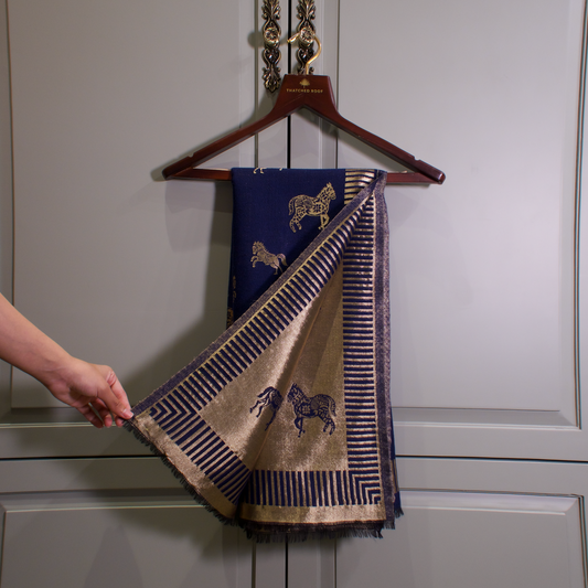 MIDNIGHT BLUE HORSE ZARI REVERSIBLE SHAWL | WOOL