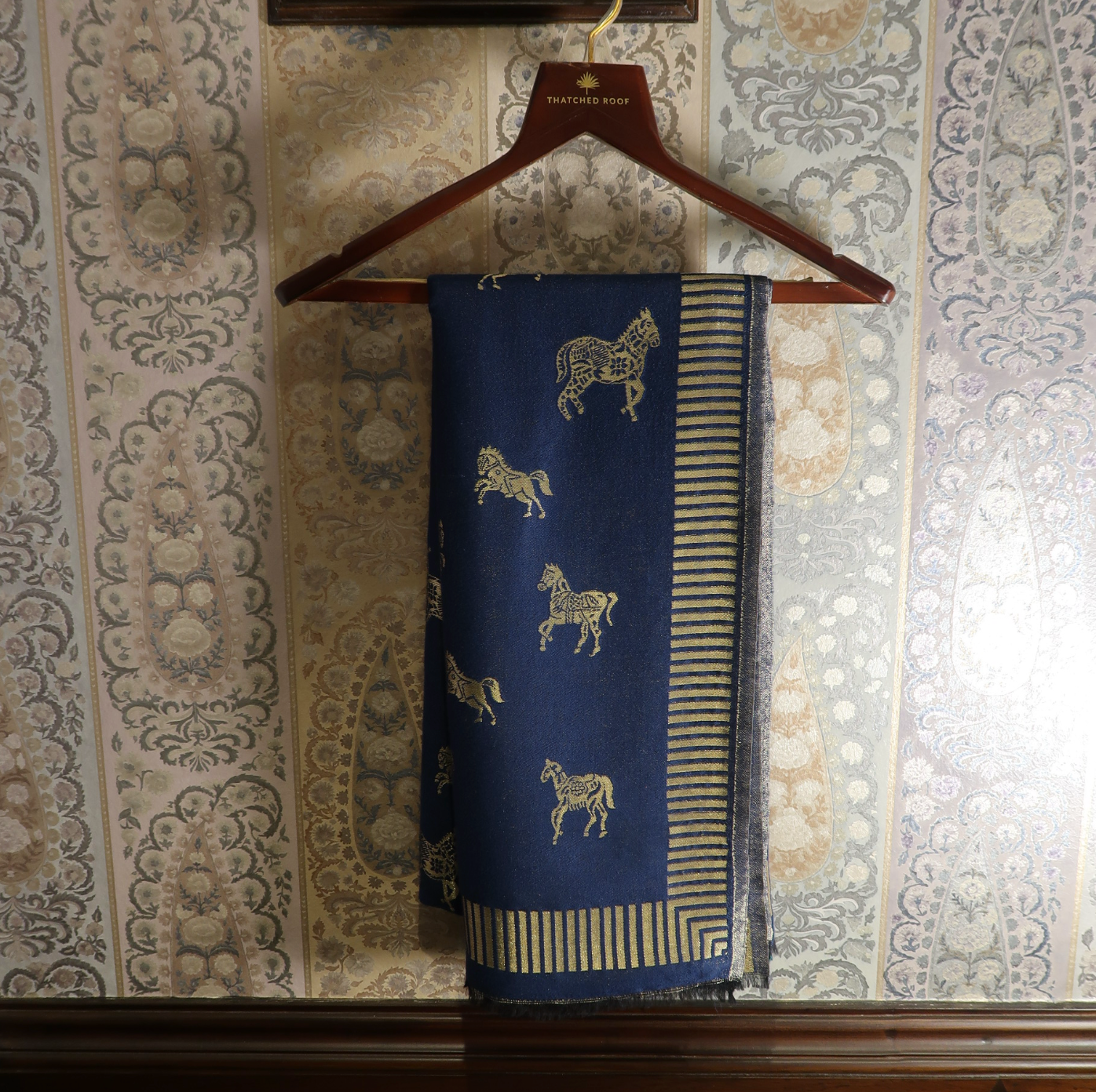 MIDNIGHT BLUE HORSE ZARI REVERSIBLE SHAWL | WOOL