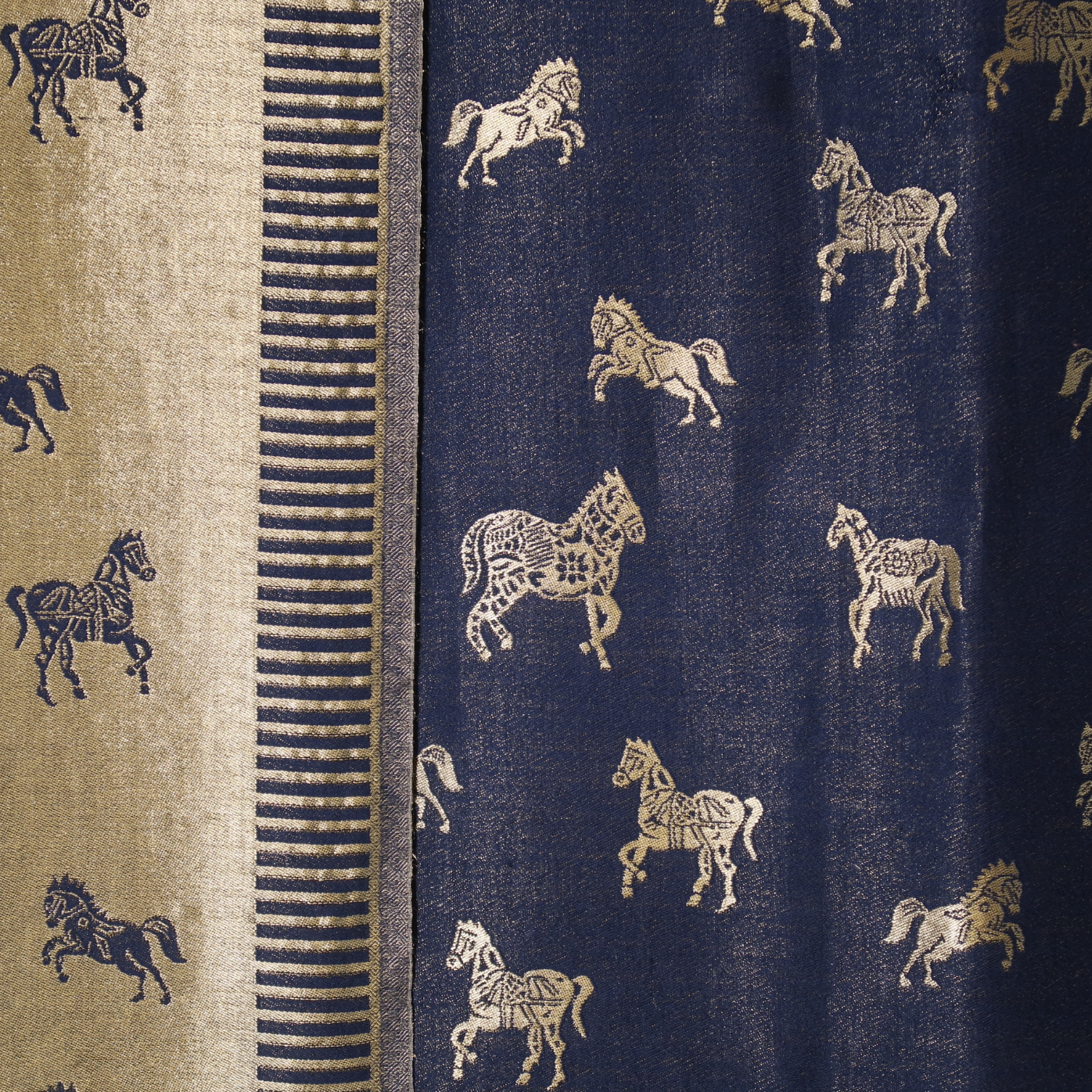 MIDNIGHT BLUE HORSE ZARI REVERSIBLE SHAWL | WOOL