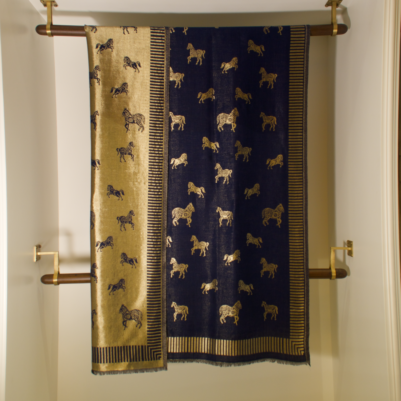 MIDNIGHT BLUE HORSE ZARI REVERSIBLE SHAWL | WOOL
