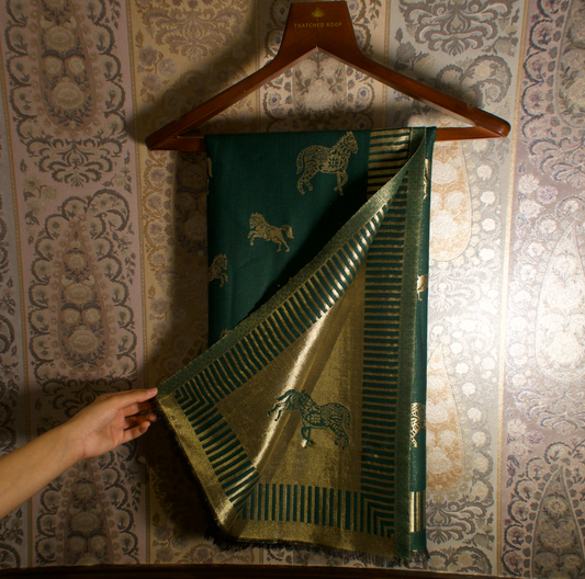 EMERALD GREEN HORSE ZARI REVERSIBLE SHAWL | WOOL