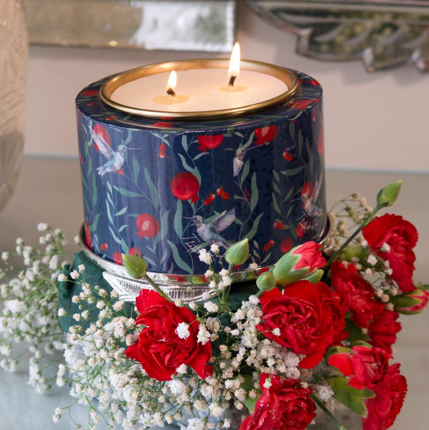 POMEGRANATE & BIRD CANDLE WITH SILVER STAND