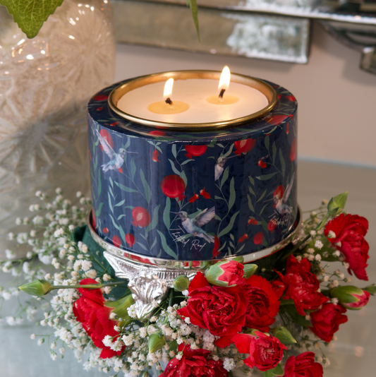 POMEGRANATE & BIRD CANDLE WITH SILVER STAND