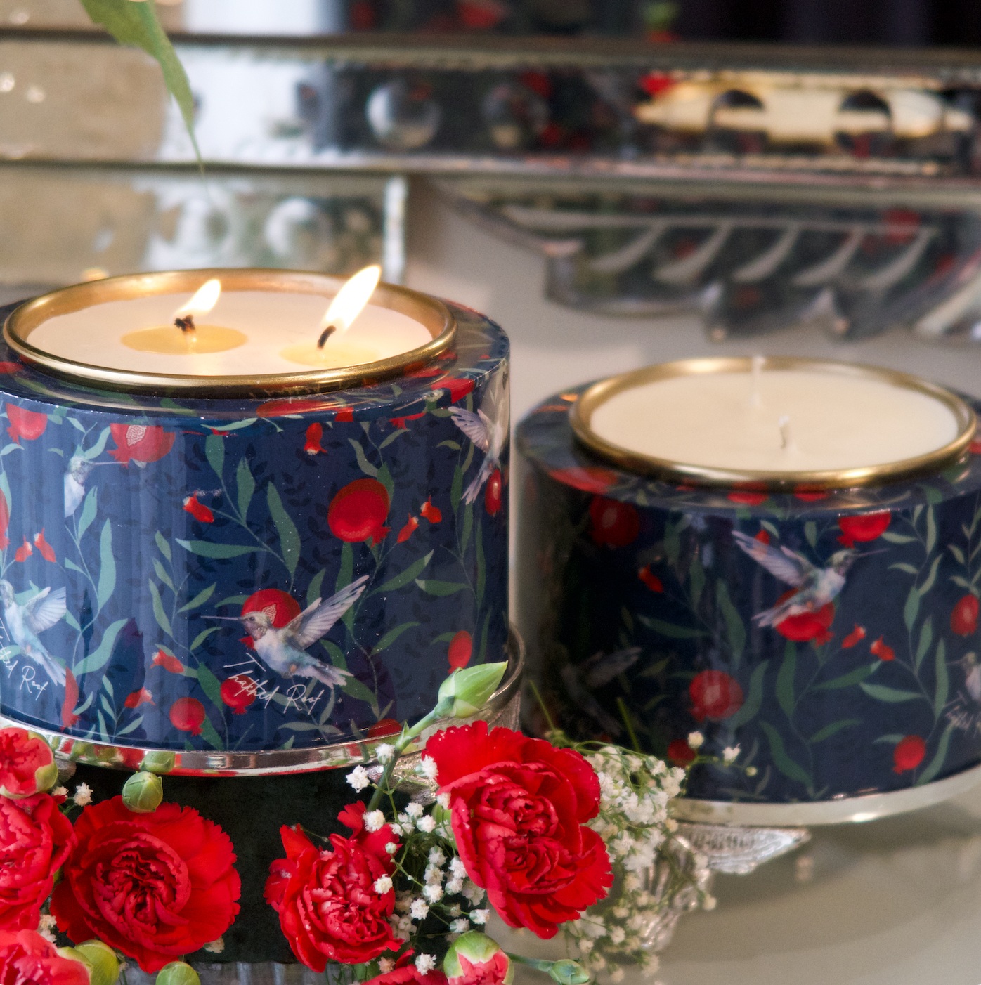 POMEGRANATE & BIRD CANDLE WITH SILVER STAND