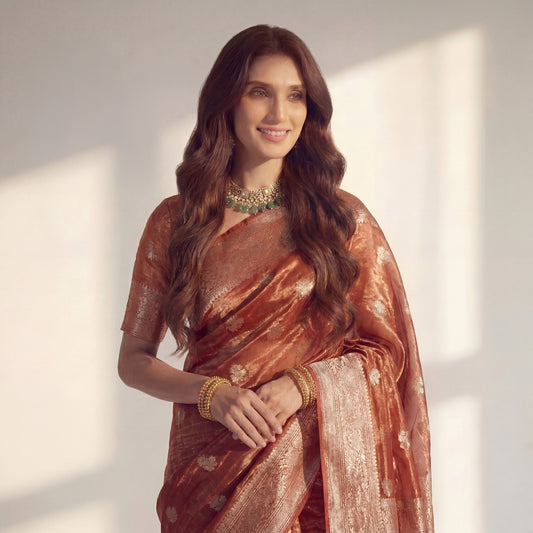 SOFT-ORANGE CRUSHED-TISSUE SAREE