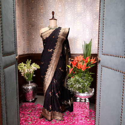 PURE BANDHANI-BANARASI BLACK MUSHROO SILK SAREE