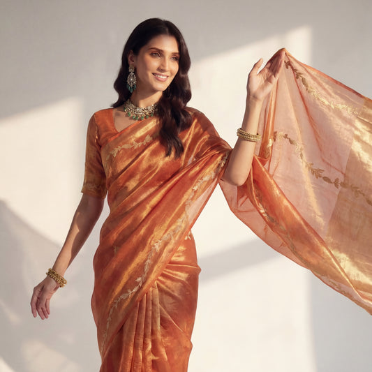 SUMMER PEACH HANDWOVEN TISSUE SAREE