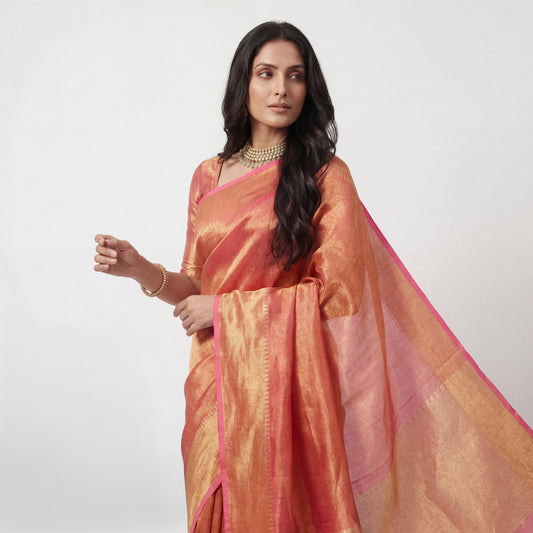 RASPBERRY PURE LINEN-TISSUE SAREE