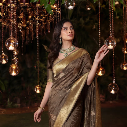 PURE BANDHANI-BANARASI OLIVE MUSHROO SILK SAREE