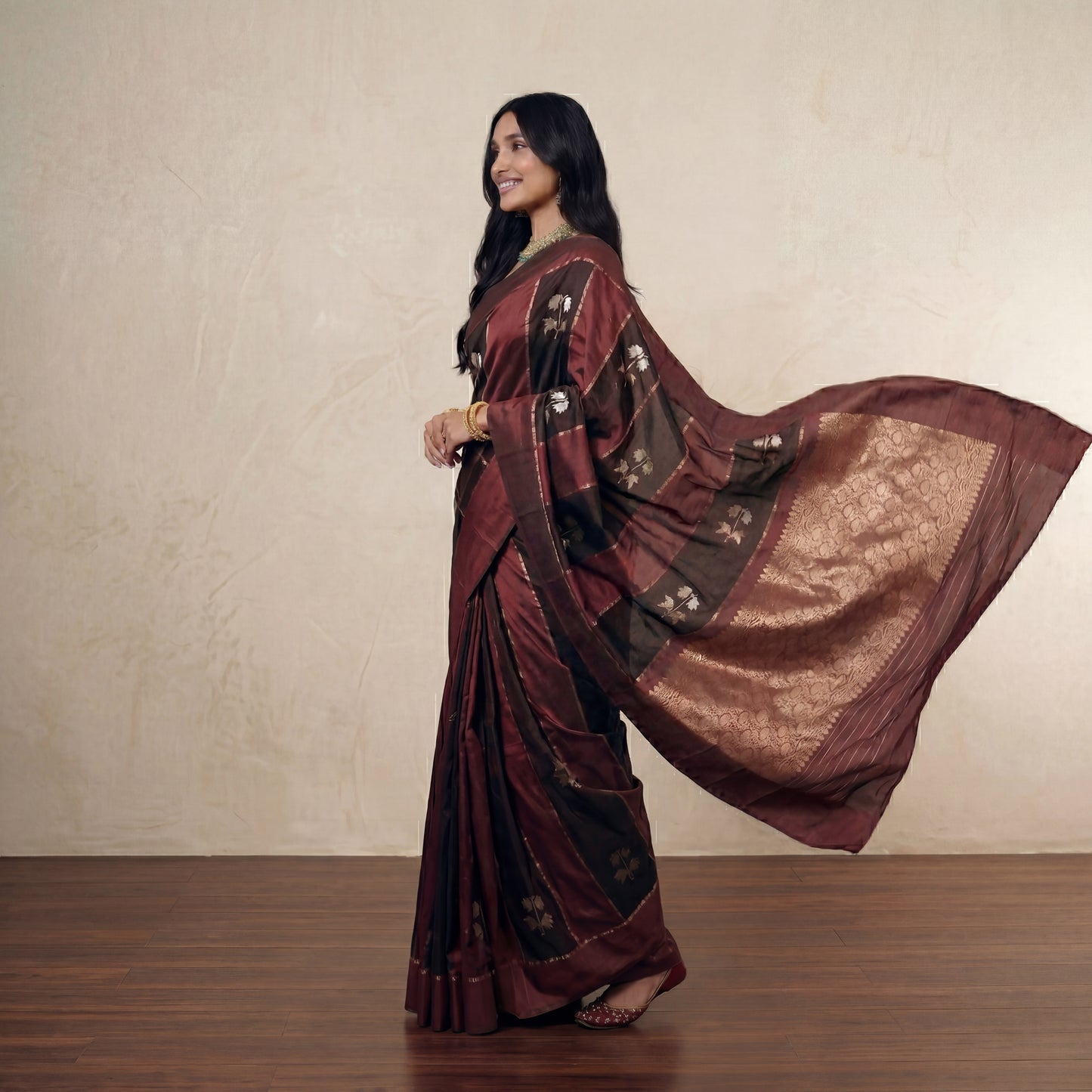 BLACK & BROWN STRIPES SILK-TISSUE SAREE