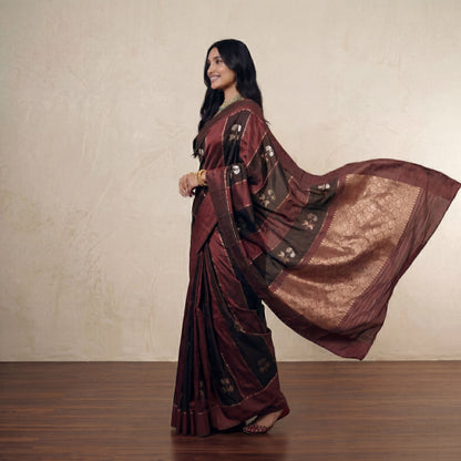 BLACK & BROWN STRIPES SILK-TISSUE SAREE
