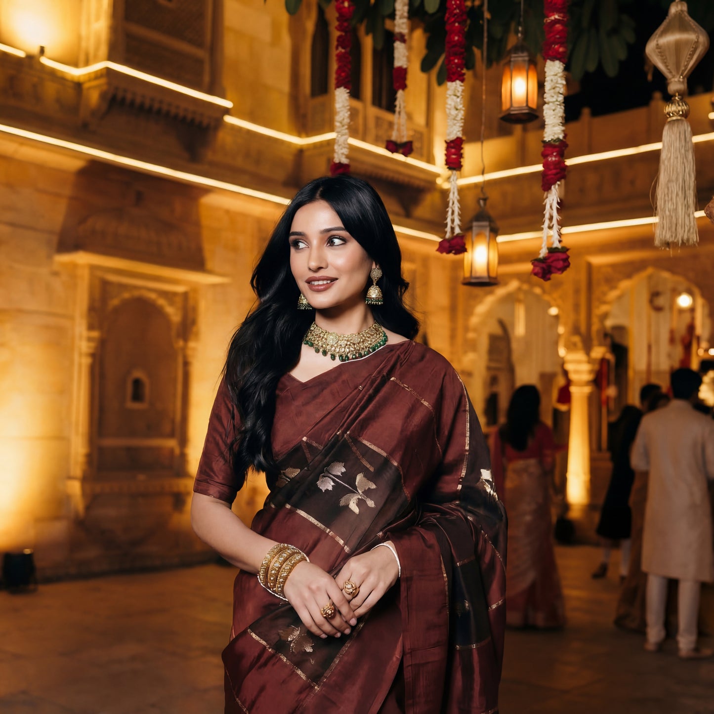 BLACK & BROWN STRIPES SILK-TISSUE SAREE