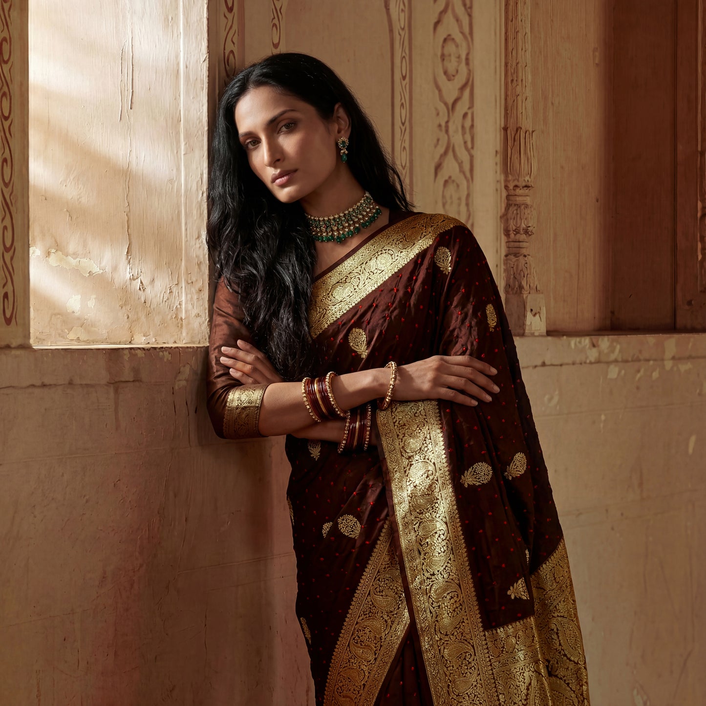 PURE BANDHANI-BANARASI COFFEE-BROWN MUSHROO SILK SAREE