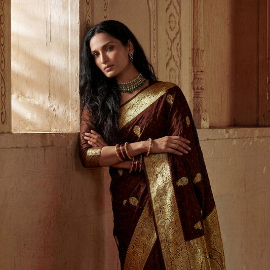 PURE BANDHANI-BANARASI COFFEE-BROWN MUSHROO SILK SAREE