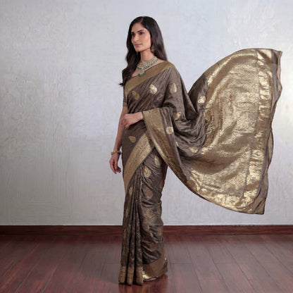 PURE BANDHANI-BANARASI OLIVE MUSHROO SILK SAREE
