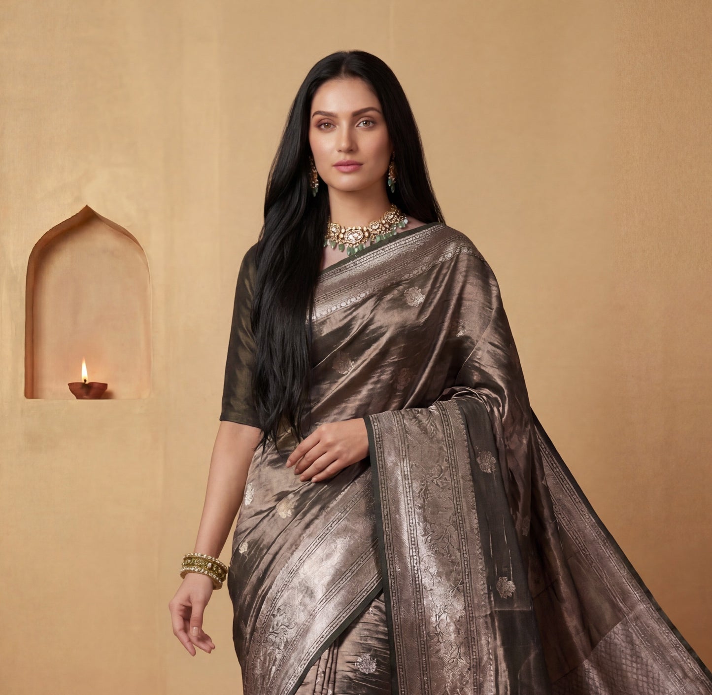 DUSTY GREEN CRUSHED-TISSUE SAREE