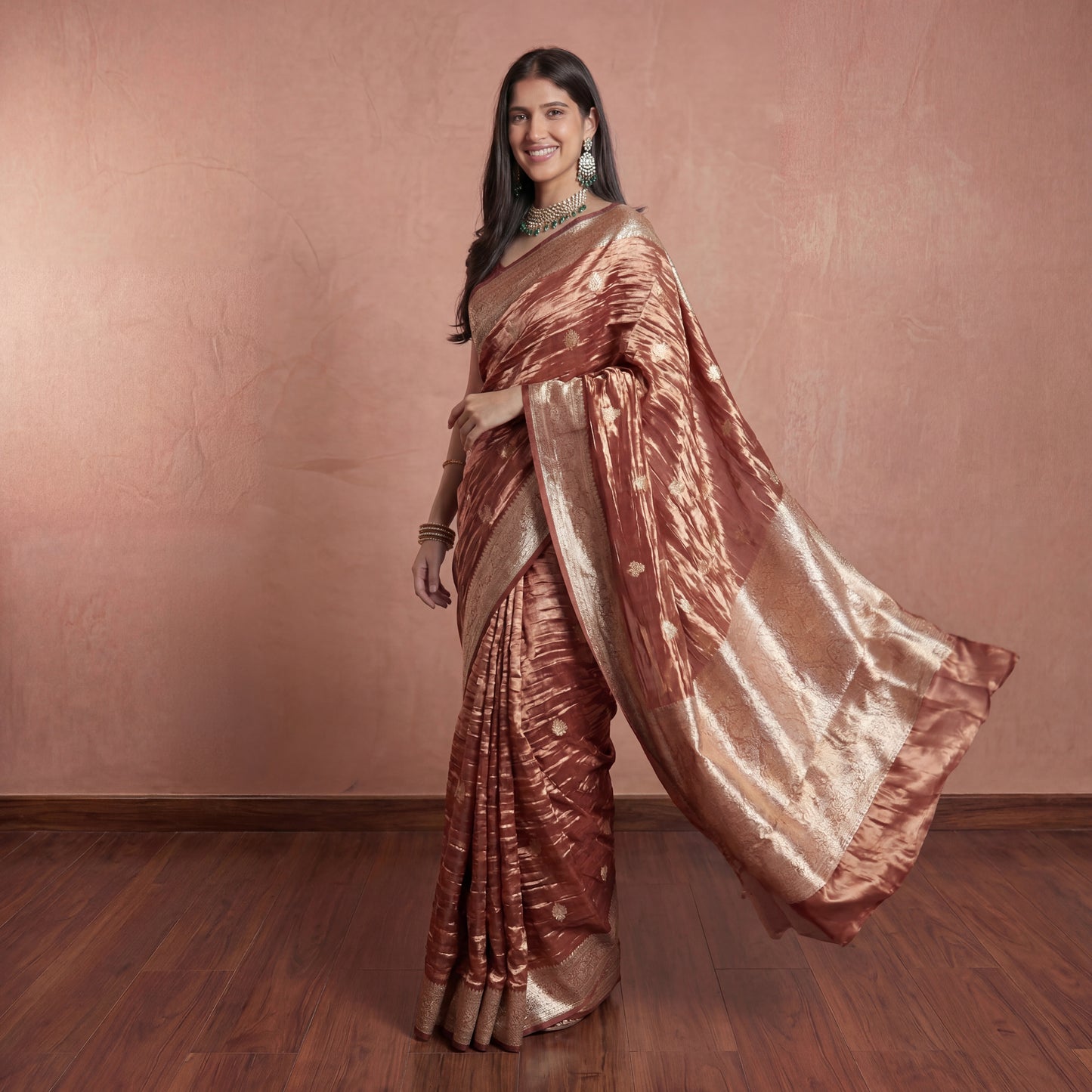DUSTY ROSE PINK CRUSHED-TISSUE SAREE