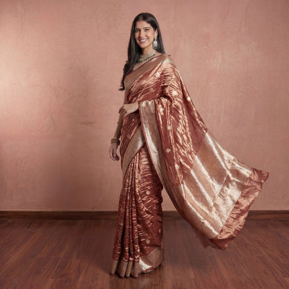 DUSTY ROSE PINK CRUSHED-TISSUE SAREE