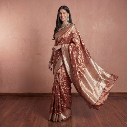 DUSTY ROSE PINK CRUSHED-TISSUE SAREE