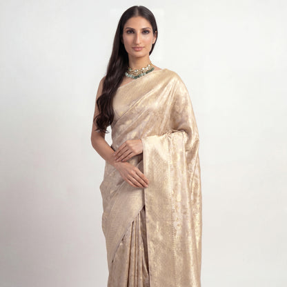 IVORY- GOLD FLORALS PURE SILK SAREE