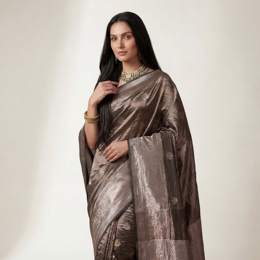 DUSTY GREEN CRUSHED-TISSUE SAREE