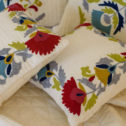 CREAM LINEN BEDCOVER WITH MULTI-FLORAL EMBROIDERY
