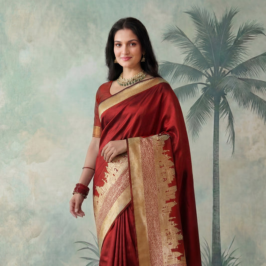 BANARAS GHAT BANARASI KATAN SILK SAREE (ROYAL RED)