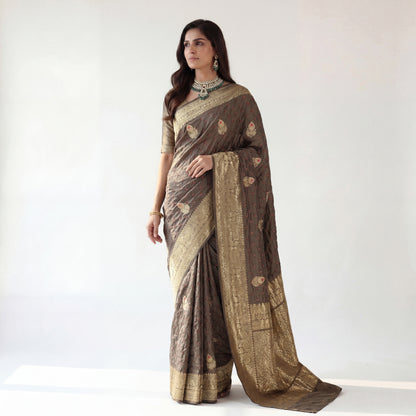 PURE BANDHANI-BANARASI OLIVE MUSHROO SILK SAREE